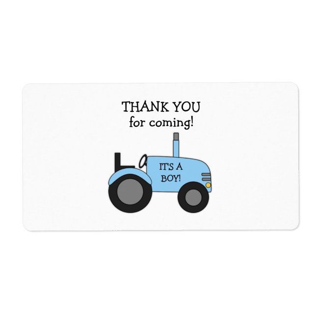 Blue Tractor Baby Shower Favor label (Front)