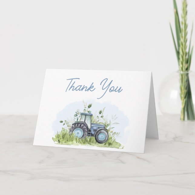 Blue Tractor Baby Shower  Thank You Card (Front)