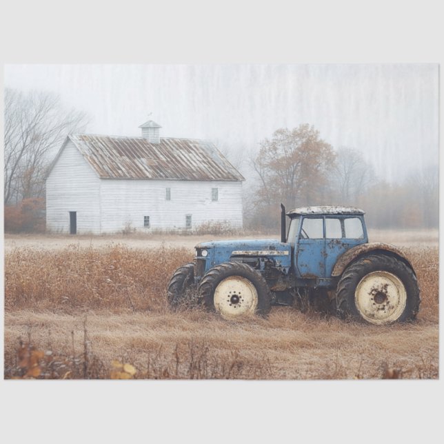 Blue Tractor Barn and Field Decoupage Tissue Paper (Front)