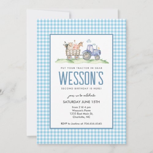 Blue Tractor Birthday Farm Birthday Invitation 