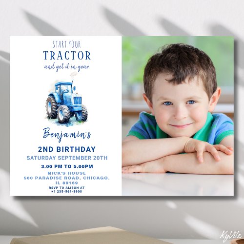 Blue Tractor Birthday Invitation with Photo