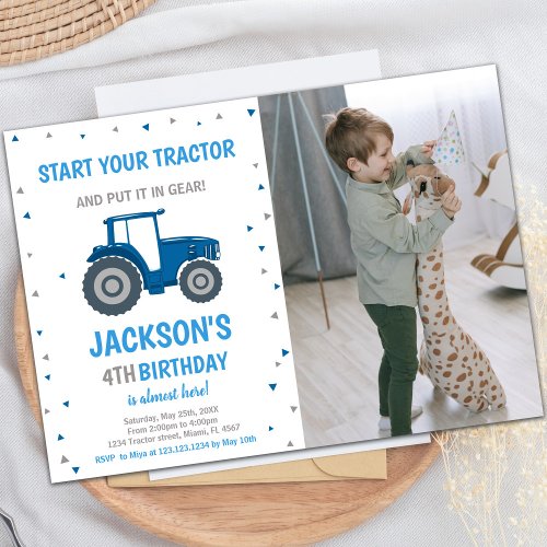 Blue Tractor Birthday Invitations with photo