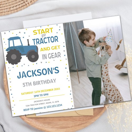Blue Tractor Birthday Invitations with photo
