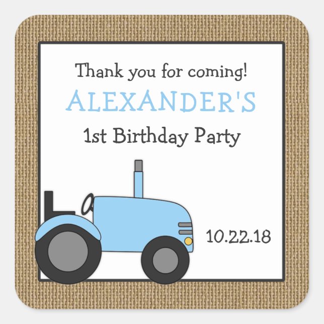 Blue tractor birthday party favor sticker (Front)