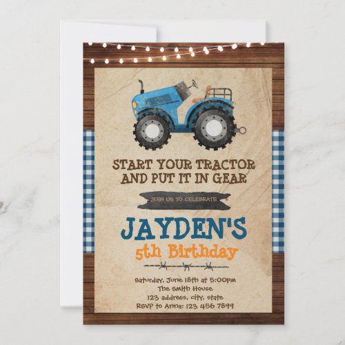 Blue tractor birthday party invitation