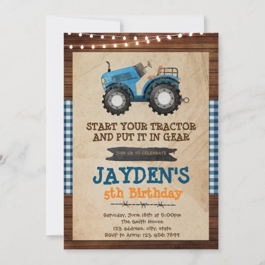 Blue tractor birthday party invitation
