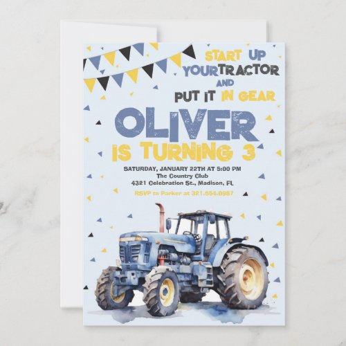 Blue Tractor Birthday Party Invitation