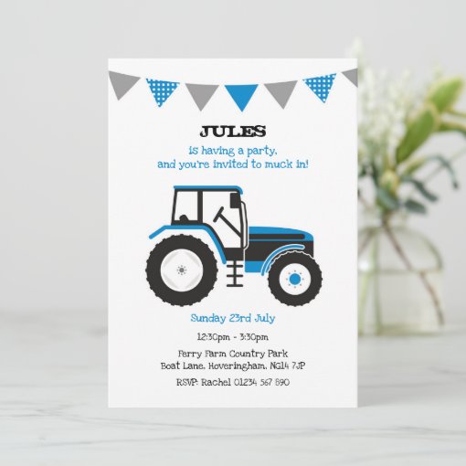 Blue Tractor Birthday Party Invite Zazzle