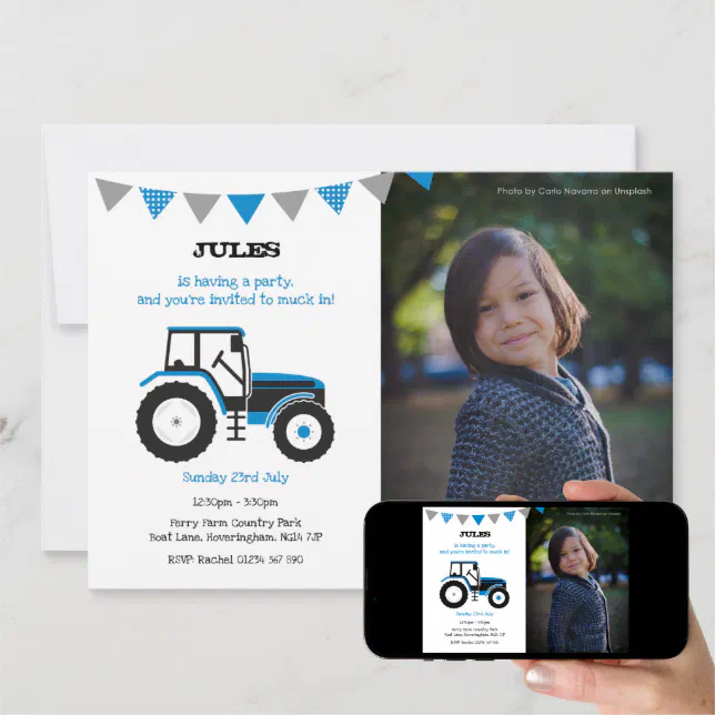 Blue Tractor Birthday Party Invite With Photo Zazzle