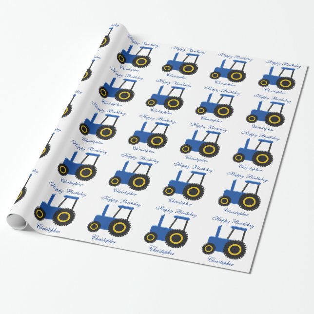 Blue Tractor Birthday Wrapping Paper (Unrolled)