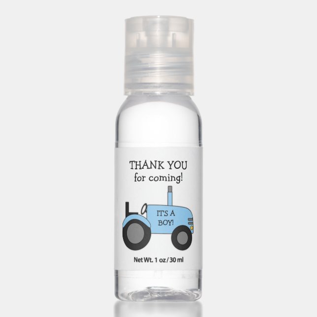Blue Tractor boy baby shower favor  Hand Sanitizer (Front)