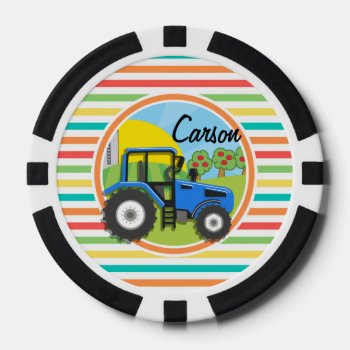 Blue Tractor; Bright Rainbow Stripes Poker Chips by doozydoodles at Zazzle