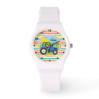 Blue Tractor; Bright Rainbow Stripes Watch