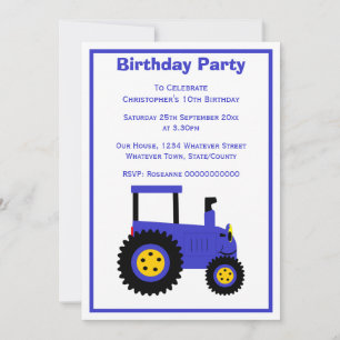 Blue Tractor Design Personalised Birthday Party Invitation