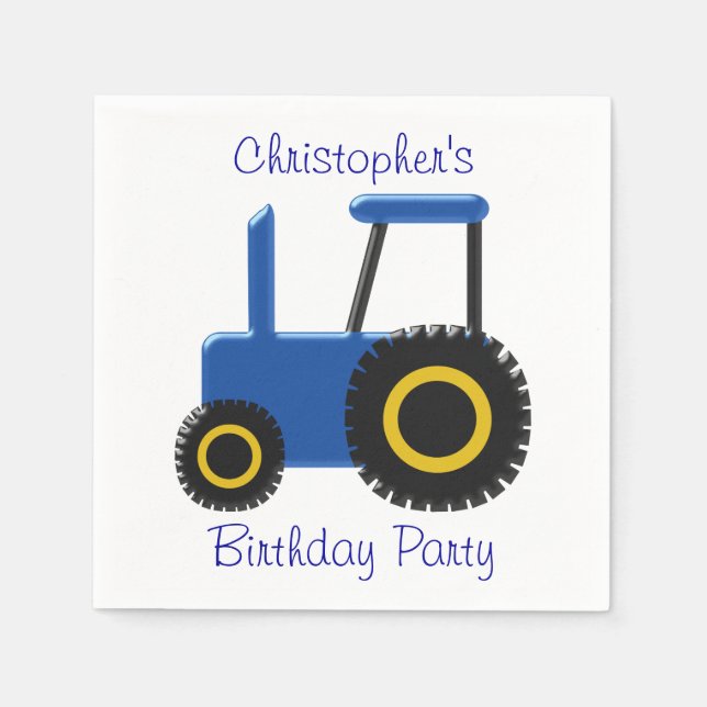 Blue Tractor Design Personalised Birthday Party Paper Napkins (Front)