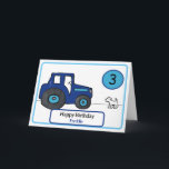 blue tractor & dog 3rd birthday card<br><div class="desc">3rd birthday card with a blue tractor and dog. This illustrated card is perfect for parent or grandparents to give to a son/ grandson when he turns three. This card reads, "Happy Birthday" on the outside and includes space for the boy's age and name. The inside message can also be...</div>
