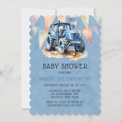 Blue Tractor Flag Watercolor Boy Baby Shower Invitation