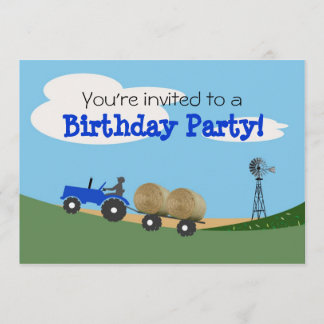 Blue Tractor Party Invitation