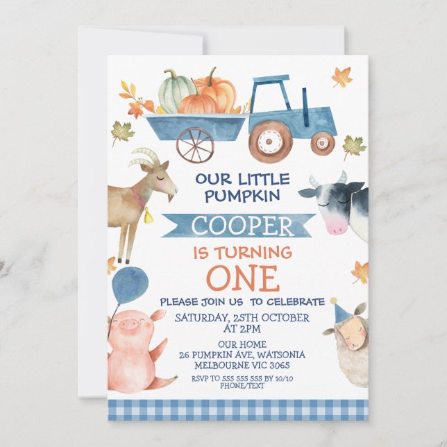 Blue Tractor Pumpkin And Farm Animals 1st Birthday Invitation (Front)