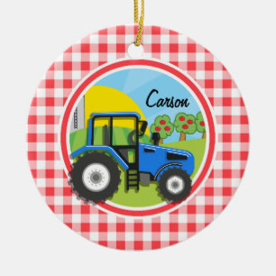 Blue Tractor; Red and White Gingham Ceramic Ornament
