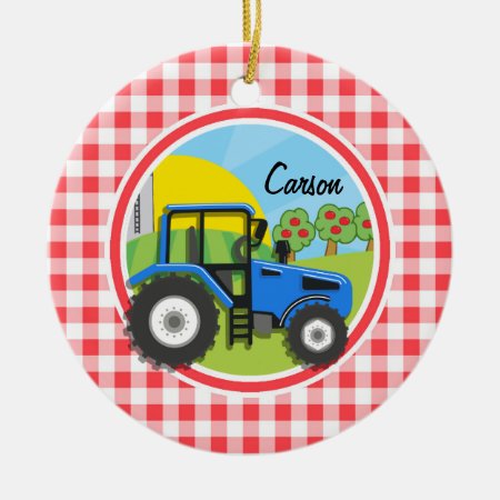 Blue Tractor; Red And White Gingham Ceramic Ornament