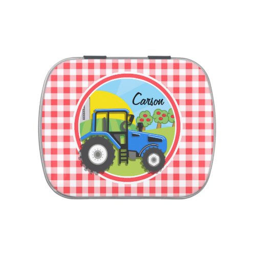 Blue Tractor Red and White Gingham Jelly Belly Candy Tin