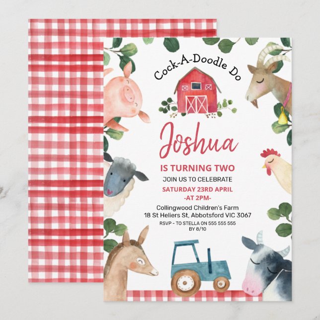 Blue Tractor Red Plaid Farm Farmyard Birthday Invitation (Front/Back)
