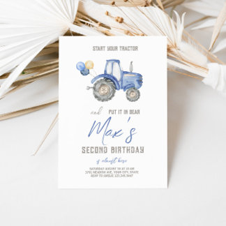 Blue Tractor Theme Birthday Invitation
