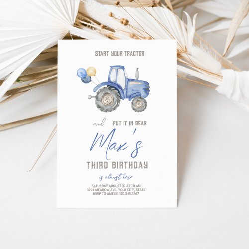 Blue Tractor Theme Birthday Invitation