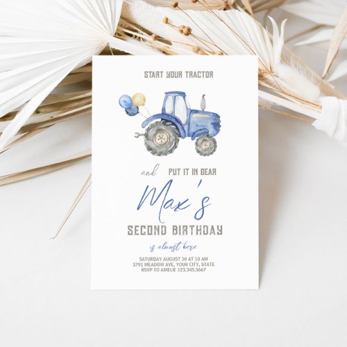 Blue Tractor Theme Birthday Invitation