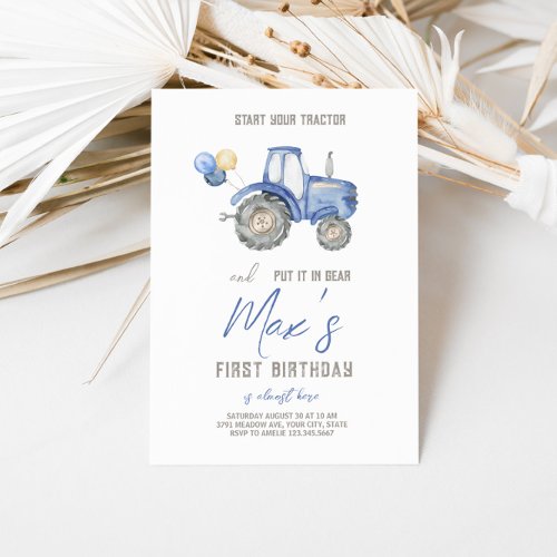 Blue Tractor Theme Birthday Invitation