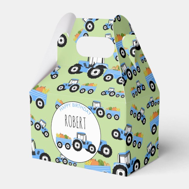 Blue Tractor Truck Farm Produce Birthday Favor Boxes (Front Side)