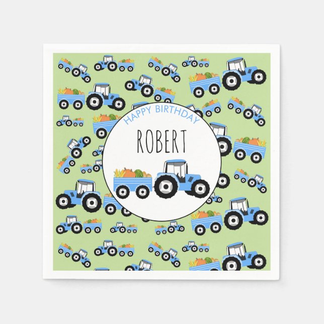 Blue Tractor Truck Farm Produce Birthday Napkins (Front)