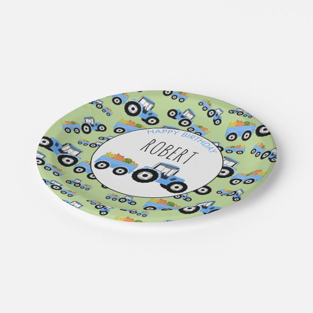 Blue Tractor Truck Farm Produce Birthday Paper Plates (Angled)