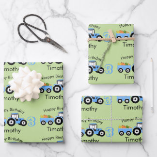 Blue Tractor Truck Farm Produce Name & Age Wrapping Paper Sheets