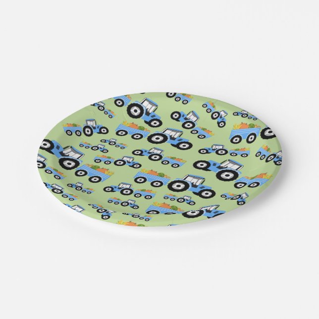 Blue Tractor Truck Farm Produce Paper Plates (Angled)