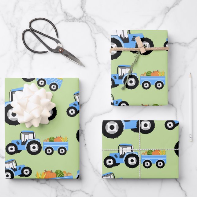 Blue Tractor Truck Farm Produce Wrapping Paper Sheets (Front)