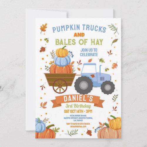 Blue Tractors Pumpkin Birthday Harvest Party  Invitation