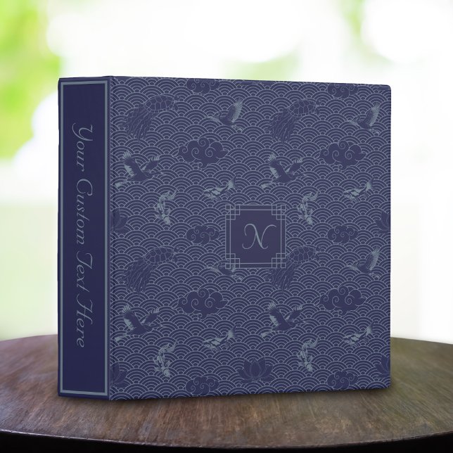 Blue Traditional Japanese Wave Seigaiha Monogram 3 Ring Binder (Creator Uploaded)