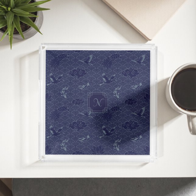Blue Traditional Japanese Wave Seigaiha Monogram Acrylic Tray (Creator Uploaded)