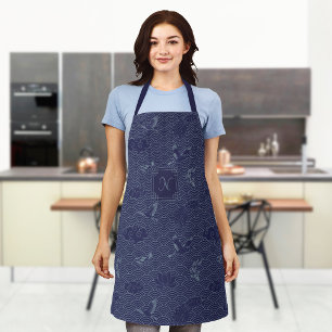 Blue Traditional Japanese Wave Seigaiha Monogram Apron
