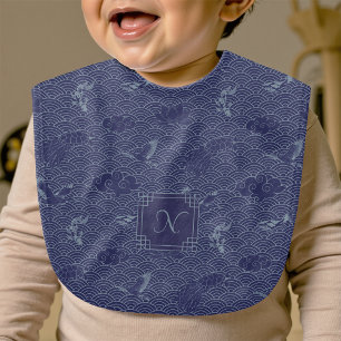 Blue Traditional Japanese Wave Seigaiha Monogram Baby Bib