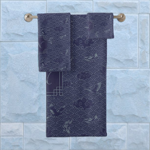 Blue Traditional Japanese Wave Seigaiha Monogram Bath Towel Set