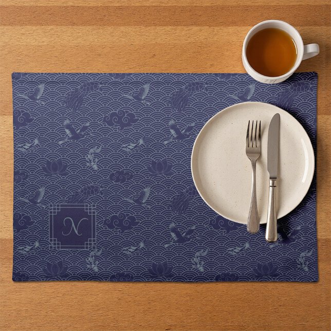 Blue Traditional Japanese Wave Seigaiha Monogram Cloth Placemat (Creator Uploaded)