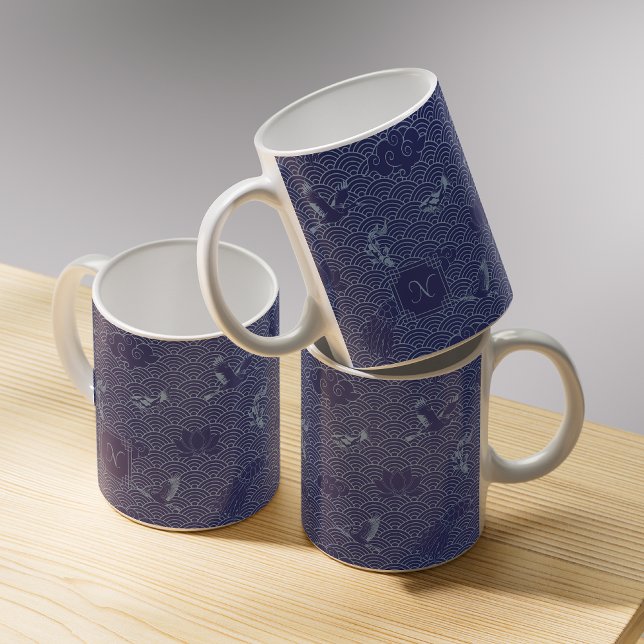 Blue Traditional Japanese Wave Seigaiha Monogram Coffee Mug (Creator Uploaded)