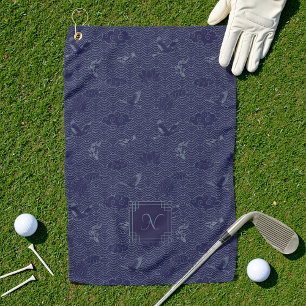 Blue Traditional Japanese Wave Seigaiha Monogram Golf Towel