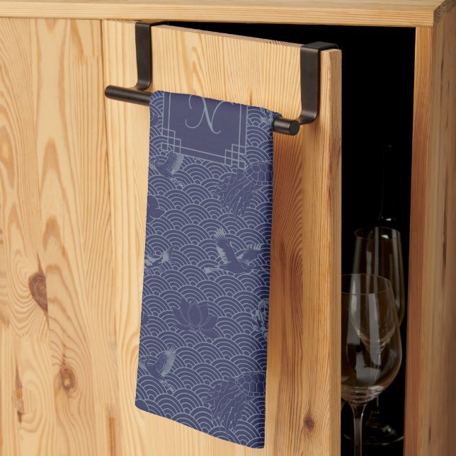 Blue Traditional Japanese Wave Seigaiha Monogram Kitchen Towel (Thirds Fold)