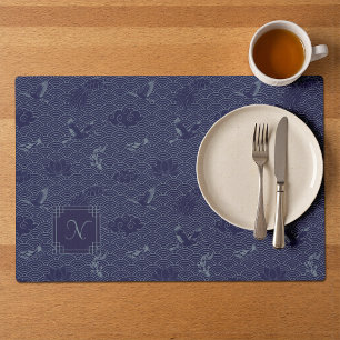 Blue Traditional Japanese Wave Seigaiha Monogram Placemat