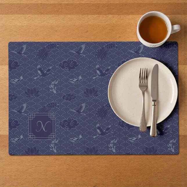 Blue Traditional Japanese Wave Seigaiha Monogram Placemat (Creator Uploaded)