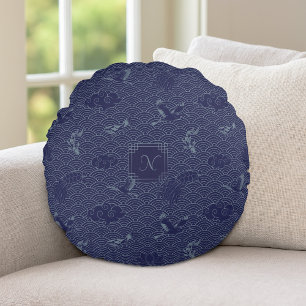 Blue Traditional Japanese Wave Seigaiha Monogram Round Pillow